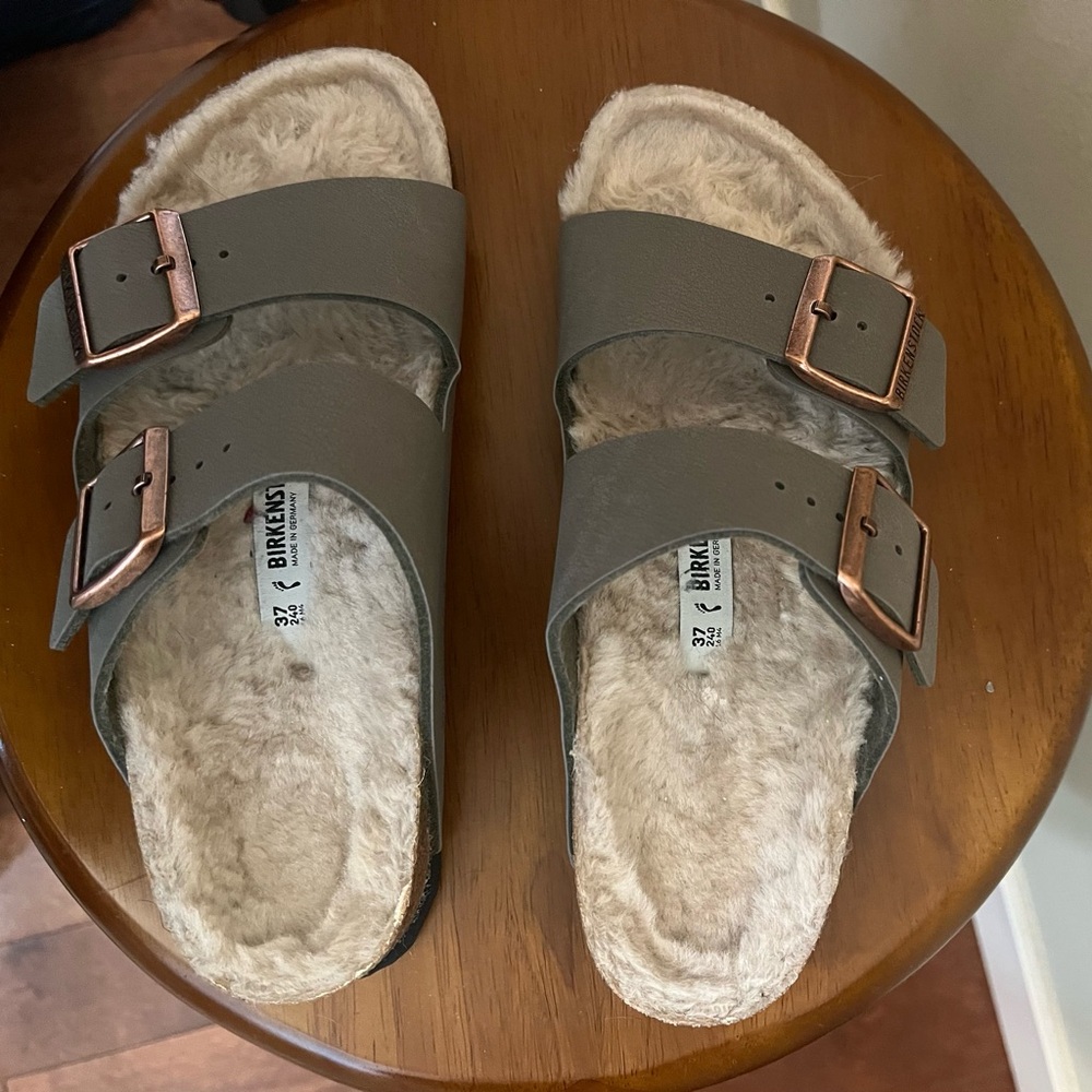 Birkenstock Gray Sandals with Faux Fur Lining